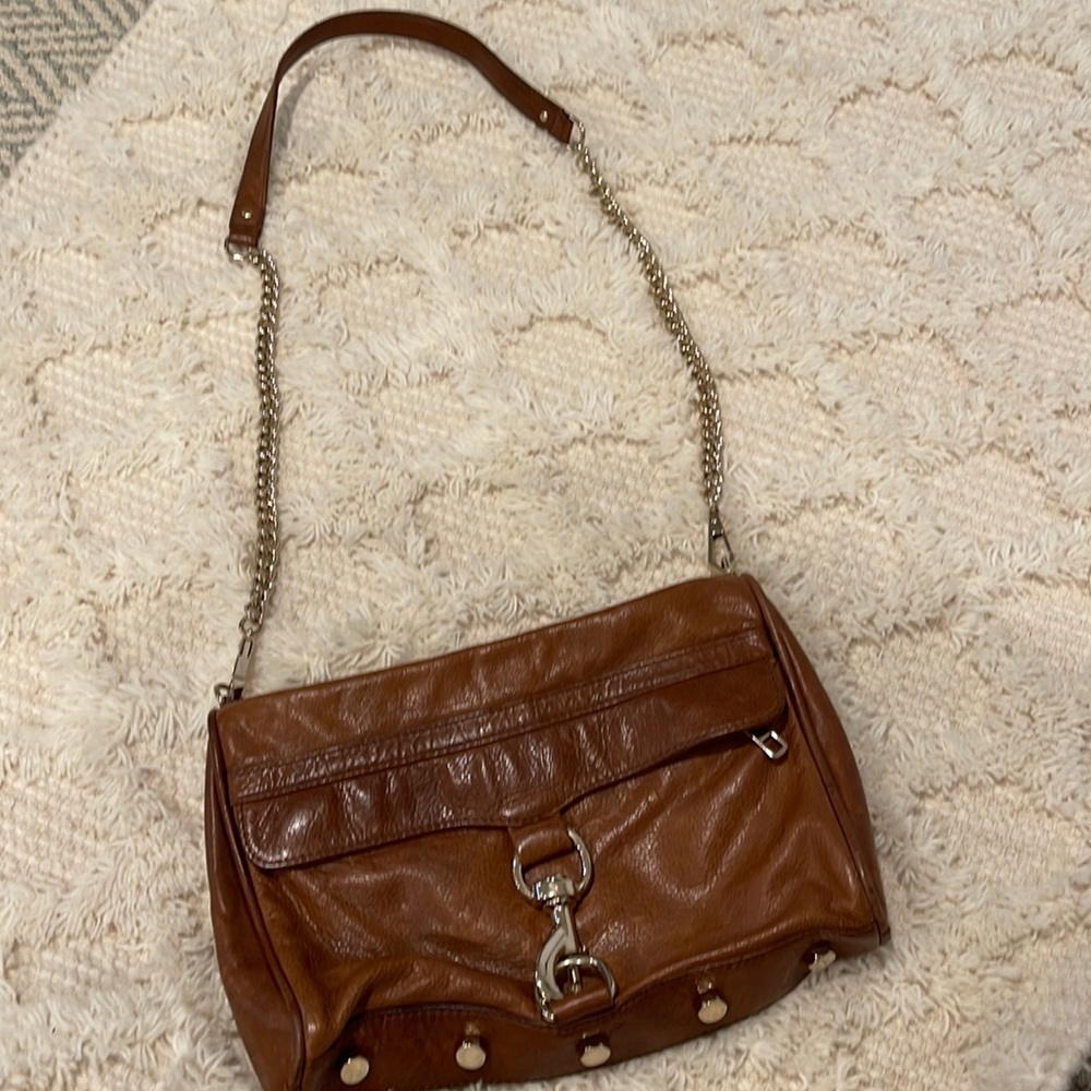 Rebecca minkoff cross body brown leather with gold hardware EUC see photos flaw